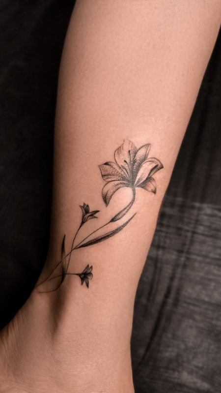Minimalist floral tattoo designs for women on ankle by Inkaura Tattoos in Pune.